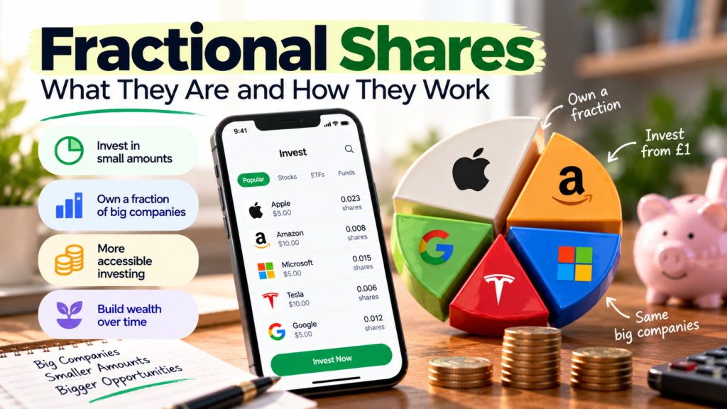 Fractional shares explained, showing a smartphone investing app, small investment amounts, and partial ownership of major companies