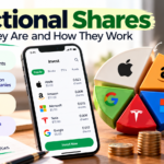 Fractional shares explained, showing a smartphone investing app, small investment amounts, and partial ownership of major companies