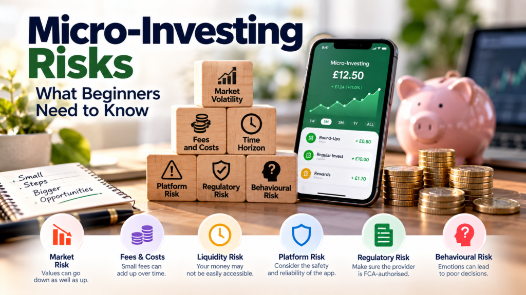 Micro-investing risks explained, highlighting market risk, fees, diversification, liquidity and other risks beginners should understand
