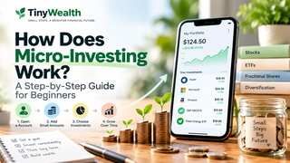 How micro-investing works, showing small contributions, a portfolio app, fractional investing and growth