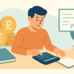 Illustration of a person reviewing a household budget with a pound-sterling coin stack and calculator before investing