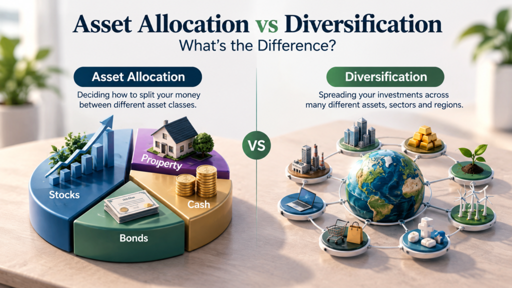 Asset allocation vs diversification, comparing how investments are divided across asset classes and spread across different holdings