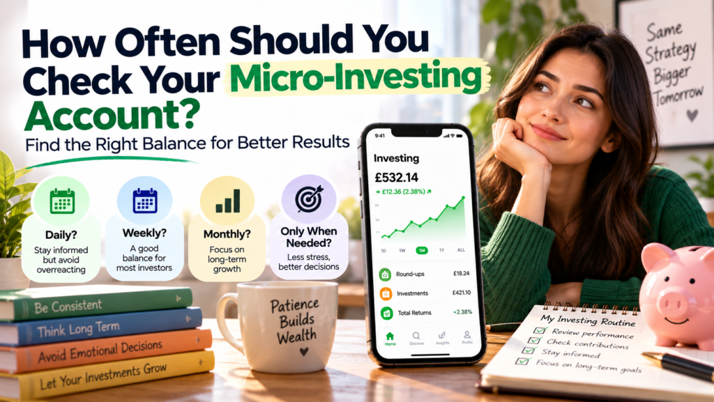 How often to check a micro-investing account, with a smartphone investment app, portfolio growth chart, and a long-term investing routine