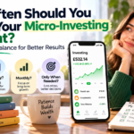 How often to check a micro-investing account, with a smartphone investment app, portfolio growth chart, and a long-term investing routine