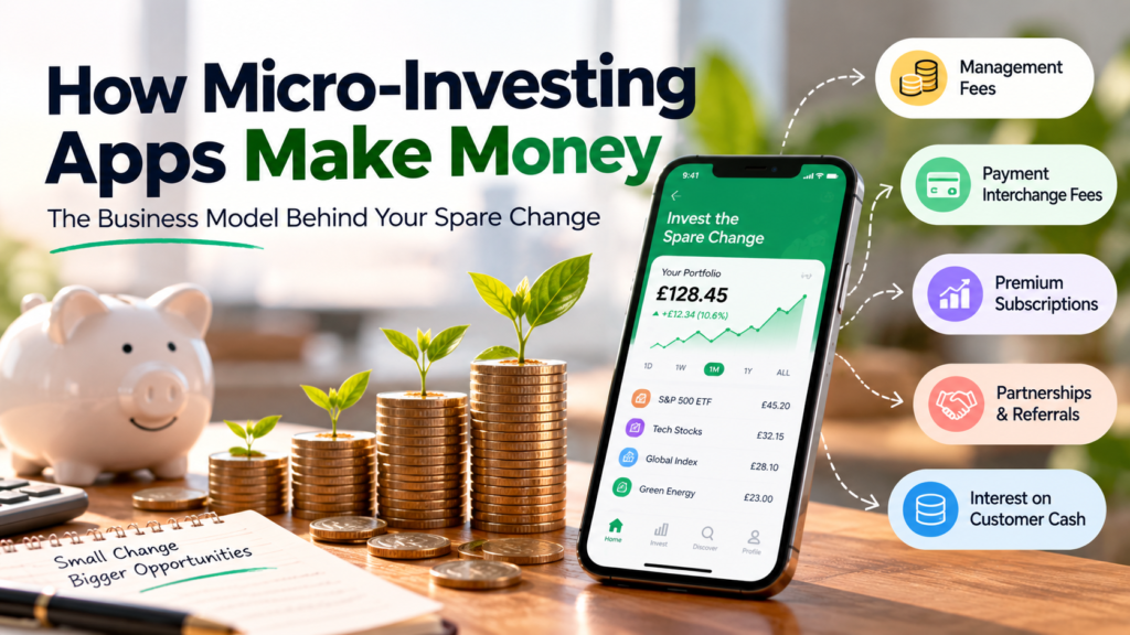 How micro-investing apps make money, illustrating investment apps, fees, subscriptions, partnerships, and customer cash