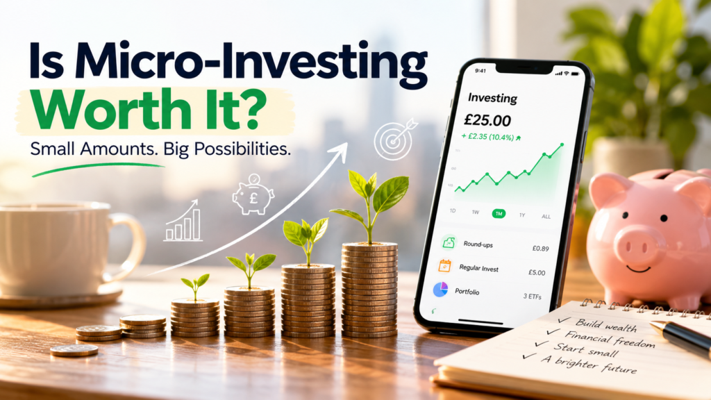 Is micro-investing worth it, showing small investments, growing coin stacks, an investing app, and long-term wealth building