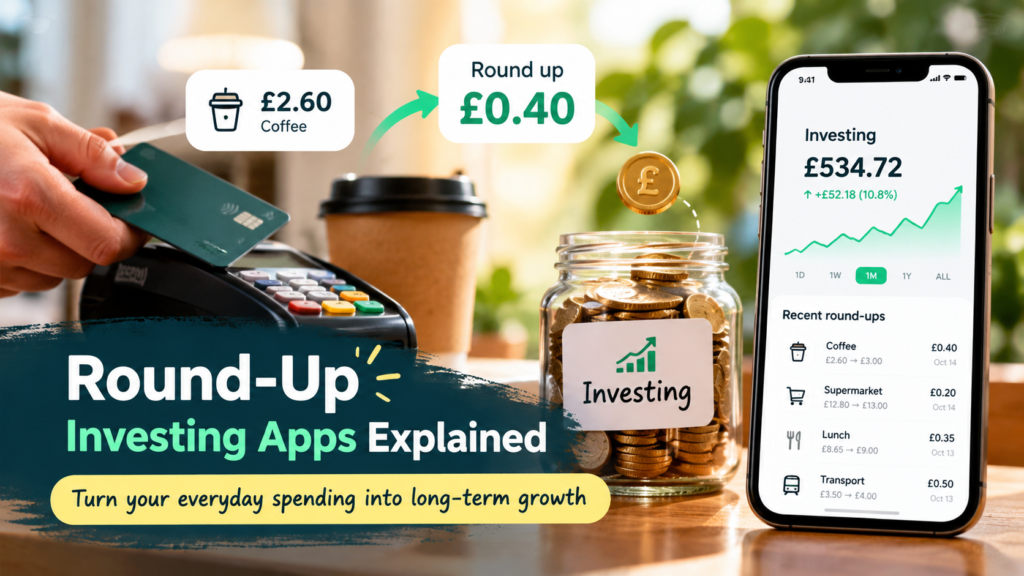 Smartphone and loose change illustrating round-up investing and small investment contributions