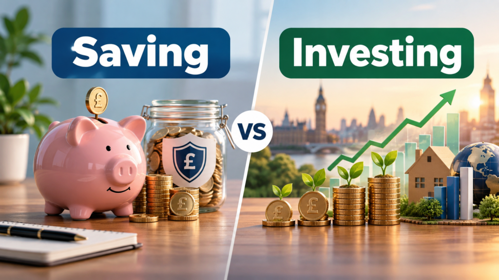 Saving vs investing comparison with piggy bank, coins and investment growth chart