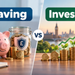 Saving vs investing comparison with piggy bank, coins and investment growth chart