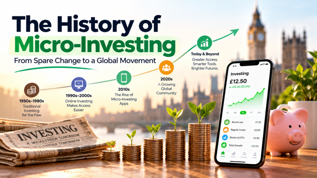 History of micro-investing, showing the evolution from traditional investing to online platforms and modern micro-investing apps