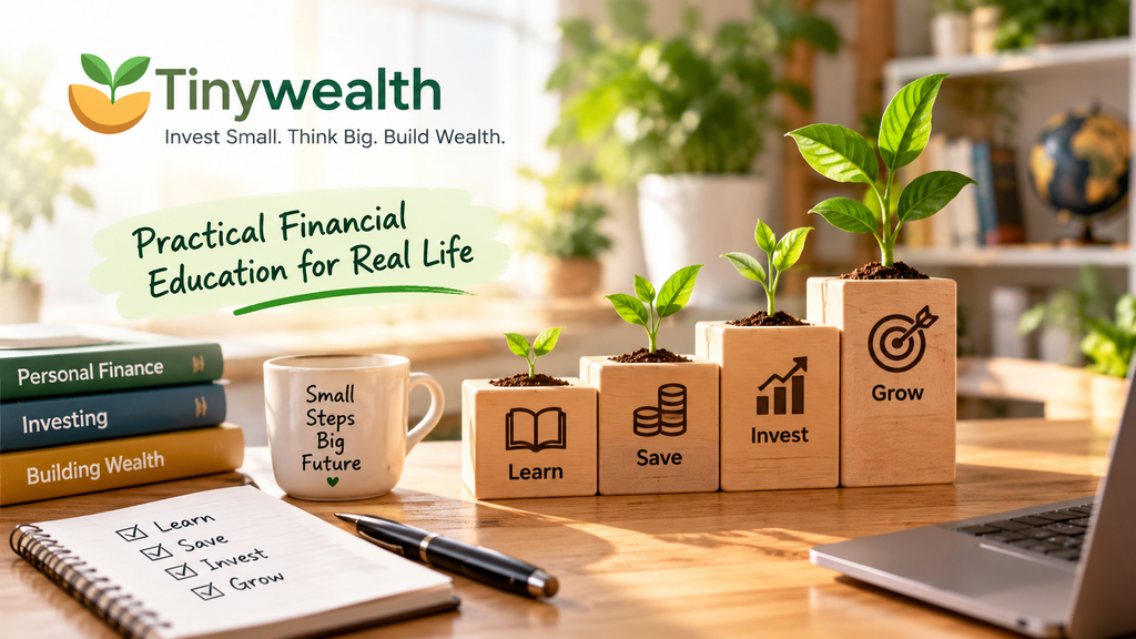 Tinywealth financial education approach showing the journey from learning and saving to investing and building wealth